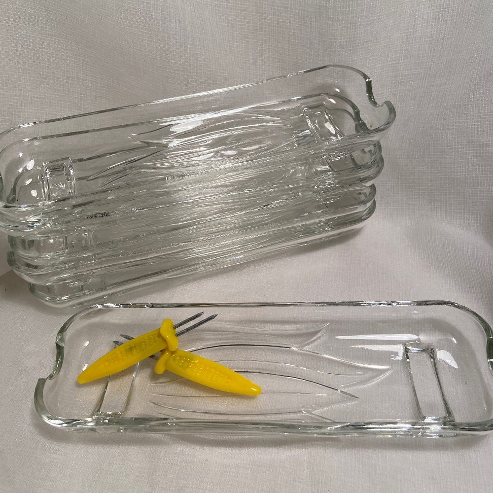6 Indiana Glass Clear Rectangle Kernels Design Footed Corn on Cob Cradles